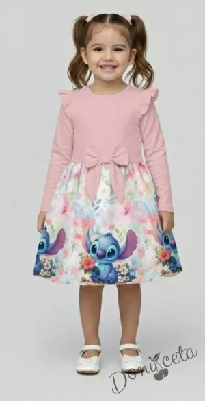 Детска рокля с дълъг ръкав в цвят розов с къдрички, панделка и Стич