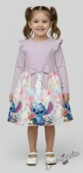Детска рокля в лилаво с къдрички, панделка и Стич