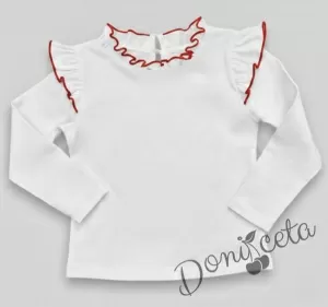 Комплект за момиче от 2 части-пола клош от трико Роси в червено и блуза с дълъг ръкав с къдрички в бяло  обкрайчени с червено