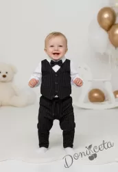 Бебешки спортно-елегантен комплект от панталон, елек и папийонка в кафяво на райе и боди-риза в бяло