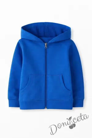 Детски неватиран суитшърт с цип и дълъг ръкав в синьо, подходящ за момче или момиче и за ученическа униформа