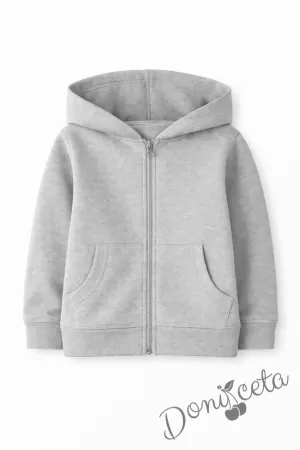 Детски неватиран суитшърт с цип и дълъг ръкав в сиво, подходящ за момче или момиче и за ученическа униформа