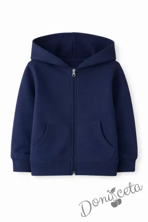 Детски неватиран суитшърт с цип и дълъг ръкав в тъмносиньо, подходящ за момче или момиче и за ученическа униформа