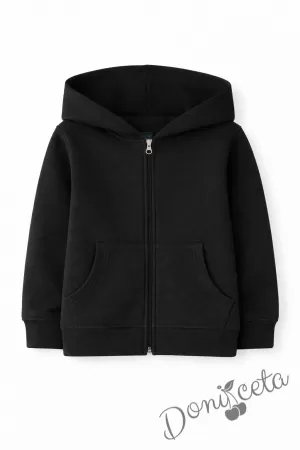 Детски неватиран суитшърт с цип и дълъг ръкав в черно, подходящ за момче или момиче и за ученическа униформа