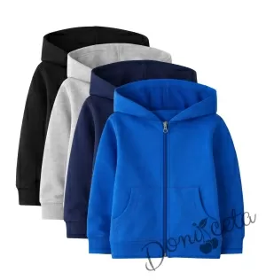 Ватиран детски суитшърт с цип и дълъг ръкав в синьо, подходящ за момче или момиче и за ученическа униформа