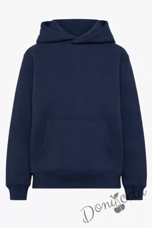 Детско неватиран суитшърт без цип  с дълъг ръкав в тъмносиньо, подходящо за момче или момиче и за ученическа униформа