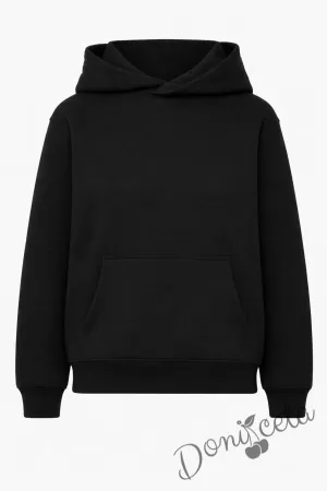 Ватиран суитшърт без цип  с дълъг ръкав в черно, подходящо за момче или момиче и за ученическа униформа