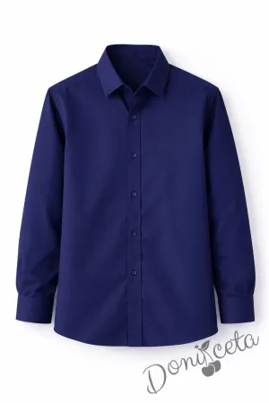 Детска риза за момче в тъмносиньо с дълъг ръкав подходяща и за ученическа униформа 