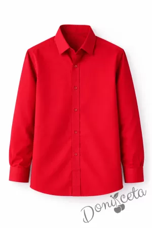 Детска риза за момче в червено с дълъг ръкав подходяща и за ученическа униформа 