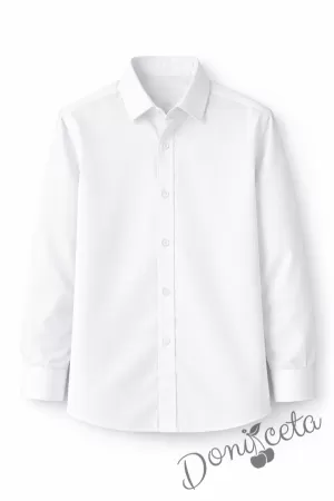 Детска риза за момче в бяло с дълъг ръкав подходяща и за ученическа униформа 