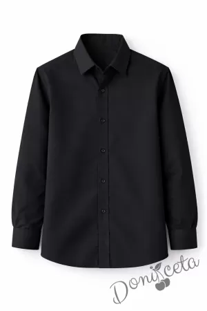 Детска риза за момче в черно с дълъг ръкав подходяща и за ученическа униформа 