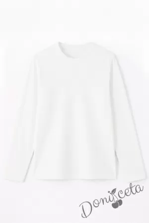 Детска блуза с дълъг ръкав в бяло за момче или момиче и за ученическа униформа