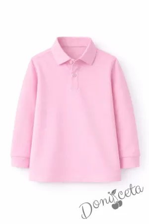 Детска блуза с якичка с дълъг ръкав в розово, подходяща за момче или момиче и за ученическа униформа 