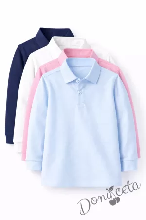 Детска блуза с якичка с дълъг ръкав в тъмносиньо, подходяща за момче или момиче и за ученическа униформа 