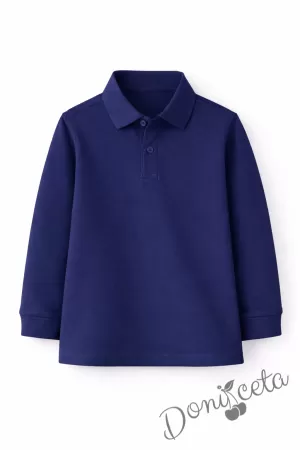 Детска блуза с якичка с дълъг ръкав в тъмносиньо, подходяща за момче или момиче и за ученическа униформа 