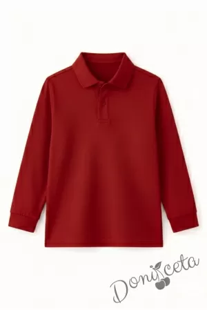 Детска блуза с якичка с дълъг ръкав в червено, подходяща за момче или момиче и за ученическа униформа 