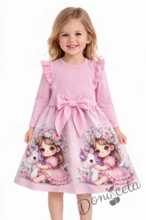 Детска рокля с дълъг ръкав в розово с къдрички, панделка и картинка на момиченце с еднорог