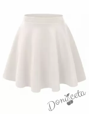 Комплект за момиче от 2 части-пола клош от трико Радост в бяло и блуза с дълъг ръкав с къдрички в червено 