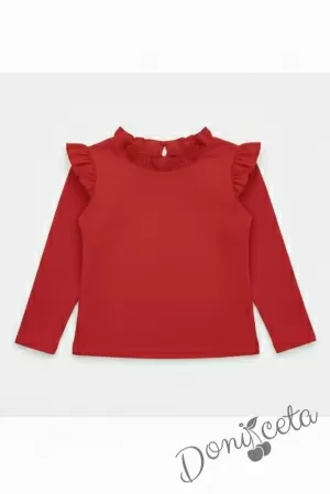 Комплект за момиче от 2 части-пола клош от трико Радост в бяло и блуза с дълъг ръкав с къдрички в червено 