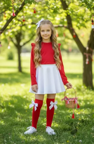 Комплект за момиче от 2 части-пола клош от трико Радост в бяло и блуза с дълъг ръкав с къдрички в червено 
