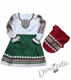 Дамска/детска народна носия трибагреник-риза в бяло, пола в зелено и престилка в червено с фолклорни/етно мотиви   