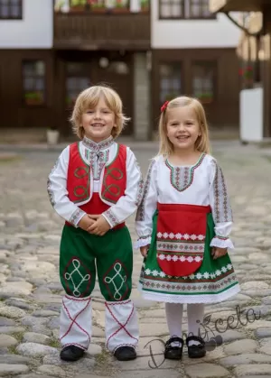 Дамска/детска народна носия трибагреник-риза в бяло, пола в зелено и престилка в червено с фолклорни/етно мотиви   