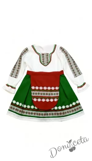 Дамска/детска народна носия трибагреник-риза в бяло, пола в зелено и престилка в червено с фолклорни/етно мотиви   