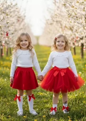 Комплект за момиче от 2 части-пола клош от трико Роси в червено и блуза с дълъг ръкав в бяло с дантела