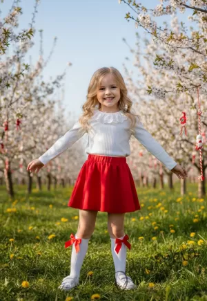 Комплект за момиче от 2 части-пола клош от трико Роси в червено и блуза с дълъг ръкав в бяло с дантела