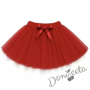 Комплект за момиче от 2 части- туту пола с богат тюл в червено с панделка отпред и блуза с дълъг ръкав в бяло с дантела