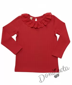 Комплект за момиче от 2 части-пола клош от трико Роси в бяло и блуза с дълъг ръкав в червено с дантела