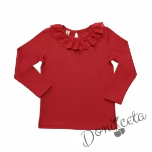 Комплект за момиче от 2 части- туту пола с богат тюл в бяло с панделка отпред и блуза с дълъг ръкав в червено с дантела