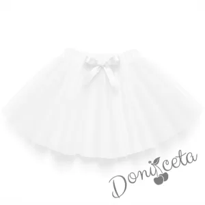 Комплект за момиче от 2 части- туту пола с богат тюл в бяло с панделка отпред и блуза с дълъг ръкав в червено с дантела