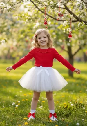 Комплект за момиче от 2 части- туту пола с богат тюл в бяло с панделка отпред и блуза с дълъг ръкав в червено с дантела