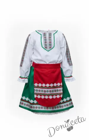 Дамска/детска народна носия трибагреник-риза в бяло, пола в зелено и престилка в червено с фолклорни/етно мотиви   