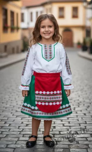 Дамска/детска народна носия трибагреник-риза в бяло, пола в зелено и престилка в червено с фолклорни/етно мотиви   