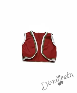 Дамска/детска народна носия трибагреник-риза в бяло, пола в зелено,елек в червено и престилка в червено с фолклорни/етно мотиви   