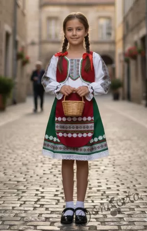 Дамска или детска народна носия- сукман в горната част в бяло а долна в зелено с престилка и елек в червено с фолклорни/етно мотиви 