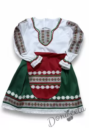 Дамска или детска народна носия- сукман в горната част в бяло а долна в зелено с престилка и елек в червено с фолклорни/етно мотиви 