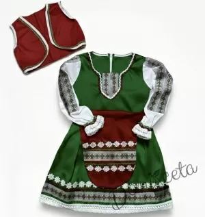 Дамска или детска народна носия- сукман в зелено с престилка и елек в червено с фолклорни/етно мотиви 