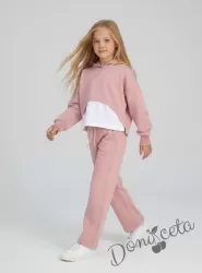 Детски комплект от 3 части- блуза в розово с качулка и сърце, потник  в бяло и панталон в розово