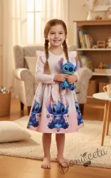 Детска рокля Стич  с дълъг ръкав в цвят розов с къдрички и  панделка 