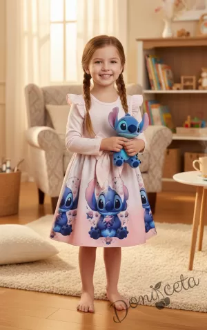 Детска рокля  с дълъг ръкав в цвят розов с къдрички и панделка 