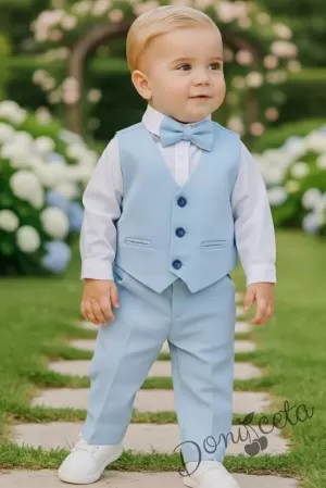 Бебешки официален комплект от 4 части- боди-риза в бяло, панталон, елек и папийонка в светлосиньо