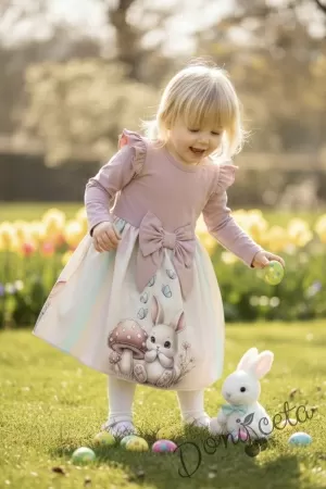 Бебешка или детска рокля с дълъг ръкав в пепел от рози с къдрички, панделка и зайче с гъбка