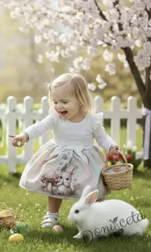 Детска ежедневна или официална рокля с дълъг ръкав в екрю с къдрички, панделка и зайче с гъбка