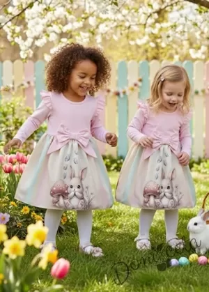 Бебешка или детска рокля в розово с къдрички, панделка и зайче с гъбка