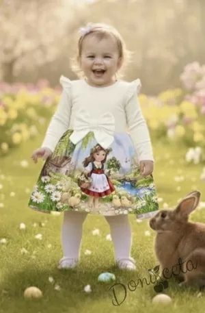 Детска рокля в екрюс дълъг ръкав, къдричка и панделка и с интересна картинка в долната част Лазарка