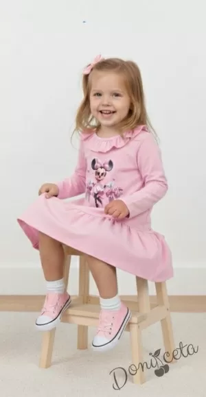 Детска рокля с дълъг ръкав с къдрички на бието в розово с любим герой