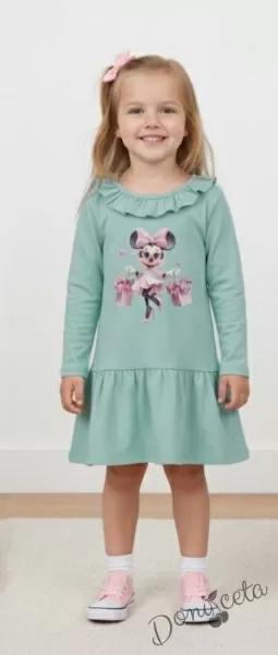 Детска рокля с дълъг ръкав с къдрички на бието в тюркоаз с любим герой